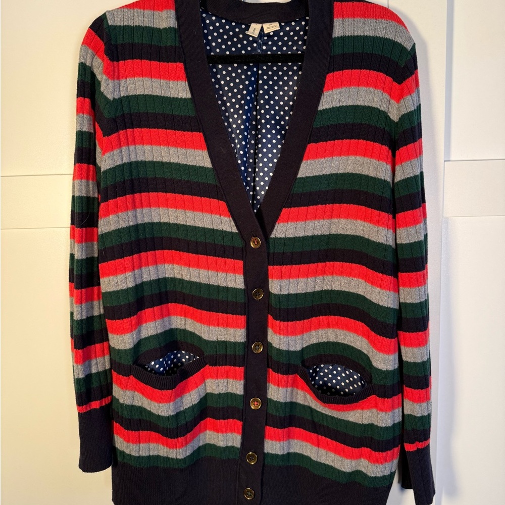 Anthropologie Moth Navy Polka Dot  lined striped cardigan  L